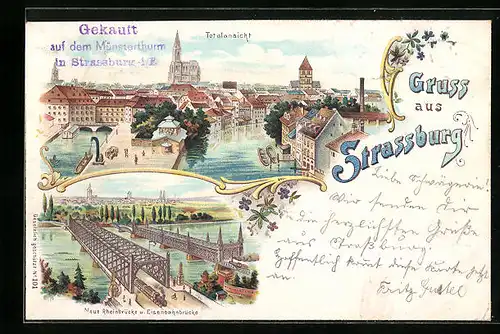 Lithographie Strassburg i. E., Totalansicht, Neue Rheinbrücke und Eisenbahnbrücke