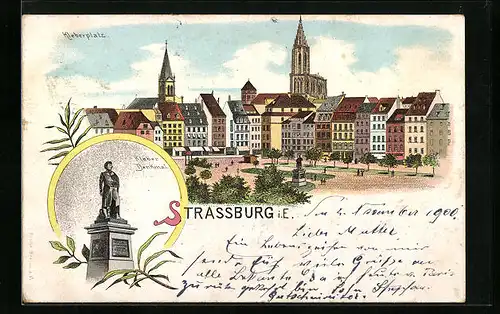 Lithographie Strassburg i. E., Kleberplatz mit Denkmal aus der Vogelschau