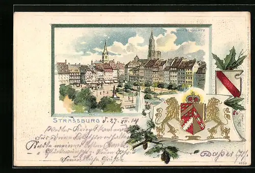 Passepartout-Lithographie Strassburg i. E., Kleberplatz aus der Vogelschau, Wappen