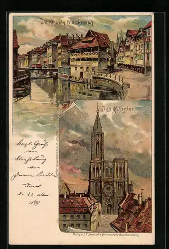 Lithographie Strassburg, Das Münster, Im Kleinen Frankreich
