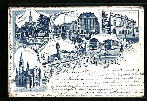 Lithographie Mülhausen i. E., Theater, Bollwerk, Ev. Kirche