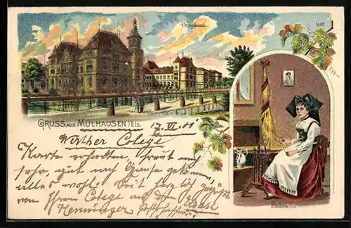Lithographie Mülhausen i. E., Postgebäude und Elsässerin