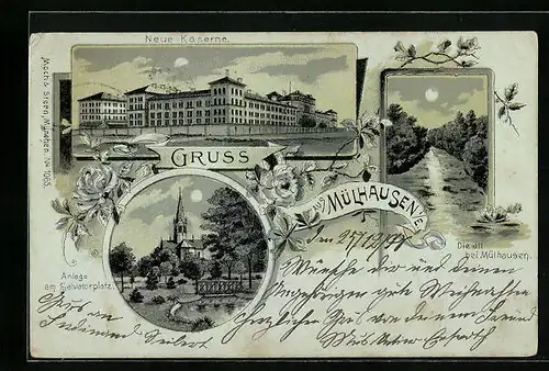 Mondschein-Lithographie Mülhausen i. E., Neue Kaserne, Anlage am Salvatorplatz