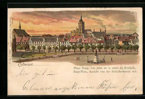 Lithographie Colmar, Rapp-Platz, Ansicht von der Rufacherstrasse aus