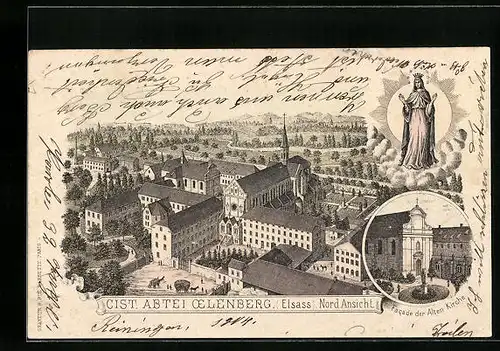 Lithographie Oelenberg, Cist. Abtei, Nord-Ansicht und Facade der Alten Kirche