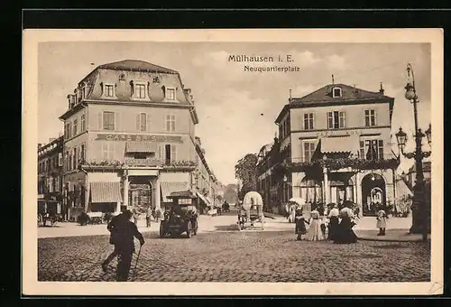 AK Mülhausen i. E., Neuquartierplatz mit Café Bristol
