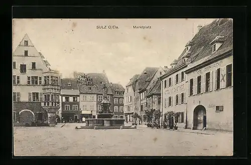 AK Sulz /O.-Els., Marktplatz mit Brunnen und Hotel Joseph Laucher