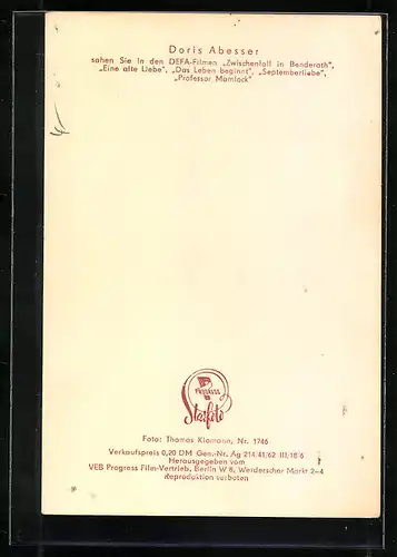 AK Schauspielerin Doris Abesser mit Kette und lächelnd