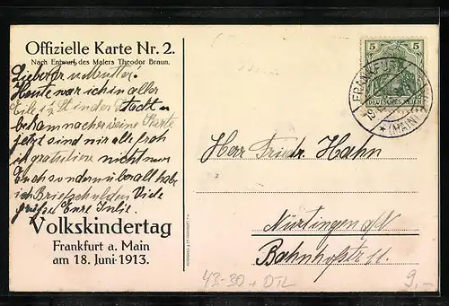Künstler-AK Frankfurt a. Main, Volkskindertag 1913, Mädchen mit Ziegengespann, Kinderfürsorge