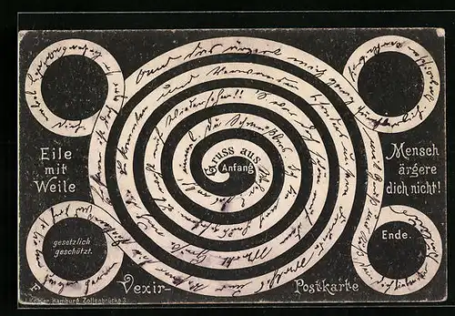 AK Vexier-Postkartie, Labyrinth, Mensch ärgere dich nicht!, Eile mit Weile, optische Täuschung