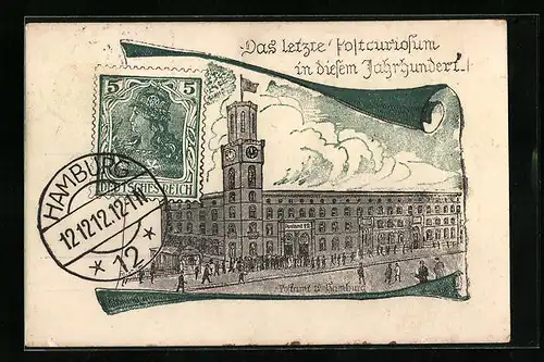 Künstler-AK Hamburg, Postamt, Postkuriosum 12. 12. 12, Briefmarke und Stempel