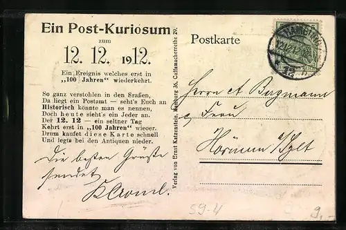 Künstler-AK Hamburg, Postamt, Postkuriosum 12. 12. 12, Briefmarke und Stempel