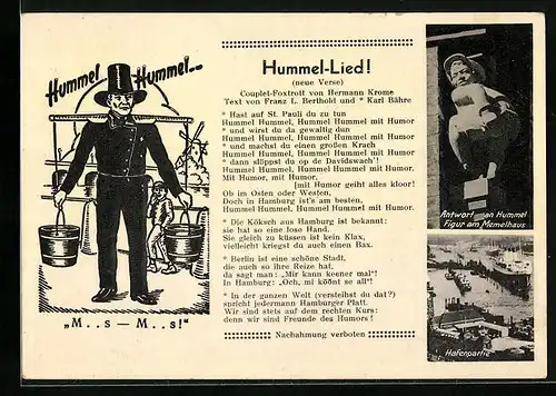 AK Hamburg-St. Pauli, Hafenpartie, Antwort an Hummel, Figur am Memelhaus, Wasserträger, Hummel-Lied