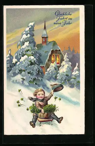AK Junge mit Korb Klee auf einem Schlitten, Neujahrsgruss