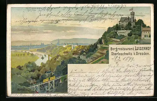 Lithographie Oberloschwitz b. Dresden, Bergrestaruant Luisenhof mit Bergbahn