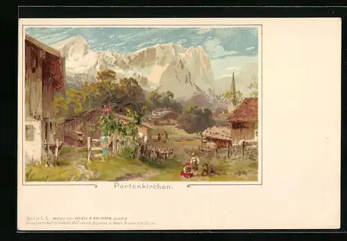 Lithographie Partenkirchen, Ortspartie mit Berg