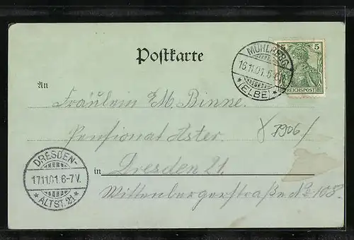 Mondschein-AK Mühlberg /Elbe, Panorama des Ortes
