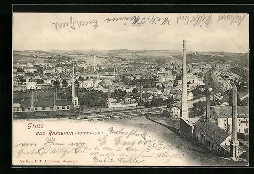 AK Rosswein, Ortsansicht mit Fabriken aus der Vogelschau