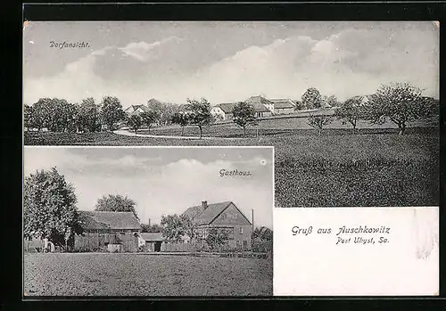 AK Auschkowitz bei Uhyst /Sa., Ortsansicht und Gasthaus