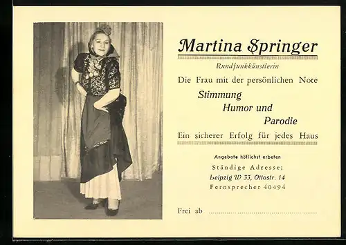 AK Leipzig, Rundfunkkünstlerin Martina Springer - Visitenkarte mit Foto