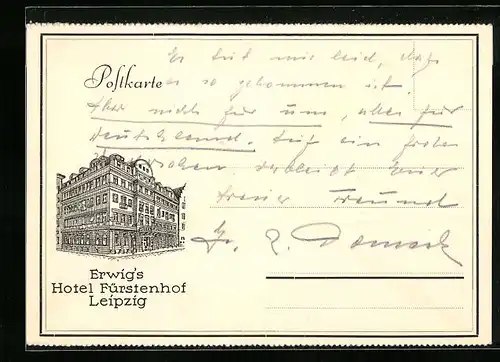 Künstler-AK Leipzig, Erwigs Hotel Fürstenhof - Hotel-Postkarte