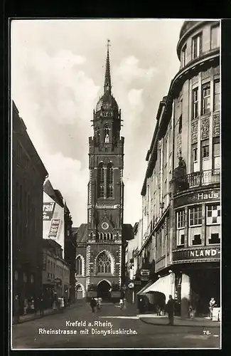 AK Krefeld a. Rhein, Rheinstrasse mit Cafe Rheinland und Dionysiuskirche