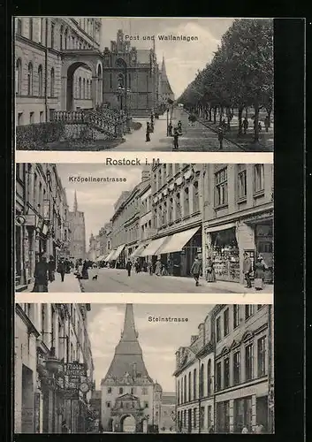 AK Rostock, Kröpelinerstrasse mit Geschäften, Steinstrasse mit Foto-Geschäft, Post und Wallanlagen