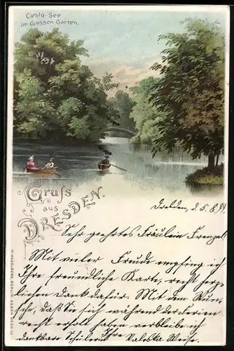 Lithographie Dresden, Carola-See im Grossen Garten mit Booten
