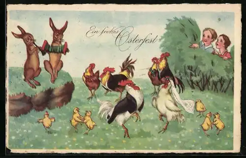 Künstler-AK Tanzende Osterhasen und Osterküken zum Feste