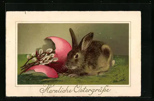 Künstler-AK Osterhase neben Eicherschale