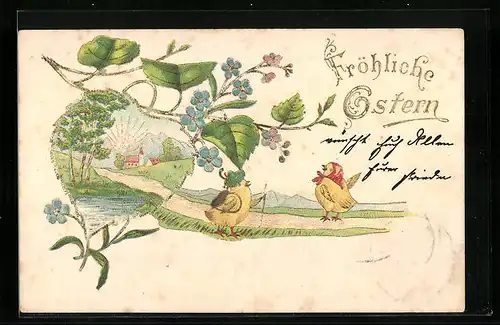 Präge-AK Fröhliche Ostern, Osterküken beim Wandern