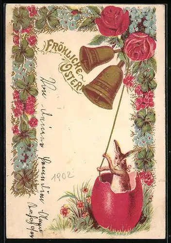 Präge-Lithographie Osterhase läutet die Glocken