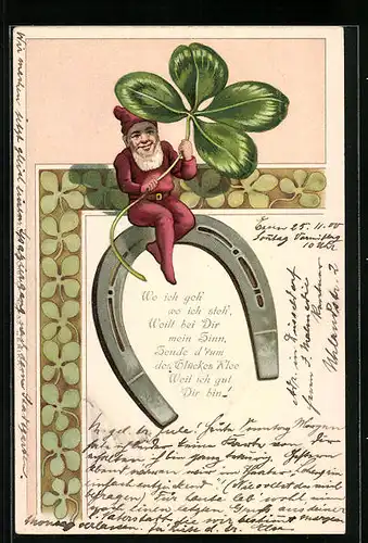 Lithographie Zwerg mit Hufeisen und Kleeblatt