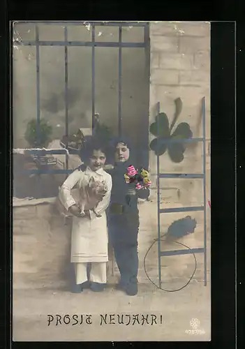 AK Prosit Neujahr, Kinder als Schornsteinfeger mit Glücksschwein