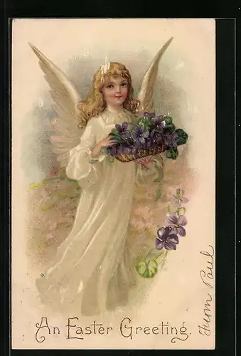 Präge-AK Osterengel mit Korb voller Veilchen
