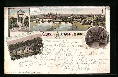 Lithographie Aschaffenburg, Monumentalbrunnen, Totalansicht, Kapuzinerkloster mit Innenansicht