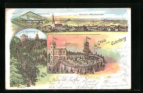 Lithographie Cossebaude, Hotel Osterberg, Alpenstieg, Elbbrücke und Niederwartha
