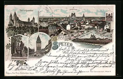 Lithographie Speyer, Dom vom Rheinbahnhof, Oelberg im Domgarten, Altpoertel und Schiffbrücke