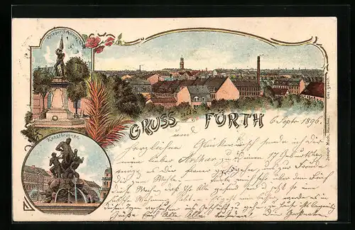 Lithographie Fürth, Kriegerdenkmal, Kunstbrunnen und Totalansicht