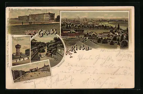 Lithographie Riesa, Artillerie-Kaserne, Wasserturm und Hotel Höpfner, Albertplatz und Parkfreitreppe