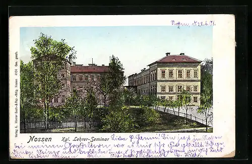 Goldfenster-AK Nossen, Kgl. Lehrer-Seminar mit leuchtenden Fenstern