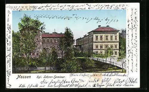 Goldfenster-AK Nossen, Kgl. Lehrer Seminar mit leuchtenden Fenstern