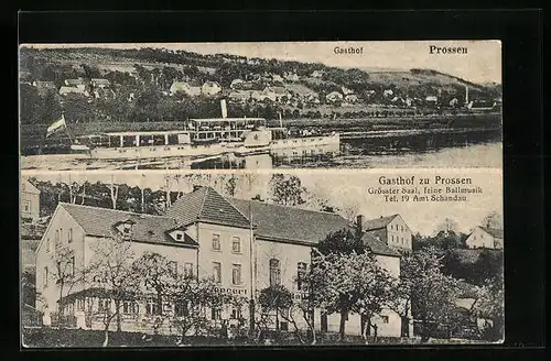 AK Prossen, Uferpartie mit Dampfer