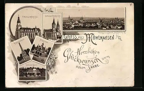 Lithographie Mühlhausen i. Thür., Totalansicht mit Kriegerdenkmal