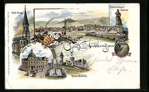 Lithographie Tuttlingen, Totalansicht mit Ruine und Schneckenburger Denkmal