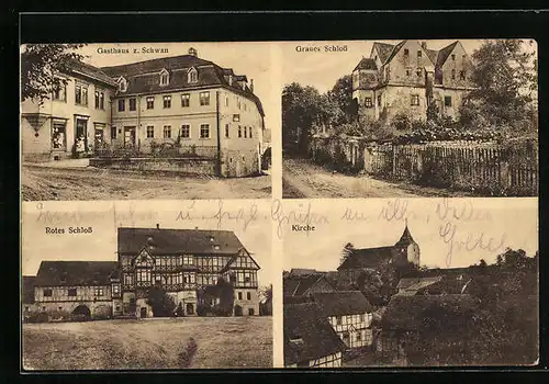 AK Mihla a. d. Werra, Gasthaus zum Schwan, Graues Schloss, Kirche