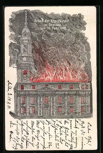 Lithographie Dresden, Brand der Kreuzkirche am 16.02.1897