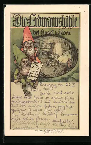 AK Hasel in Baden, Besichtigung der Erdmannshöhle, Zwerge mit Plan der Höhle