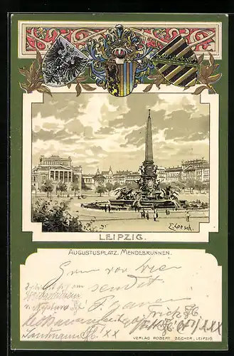 Passepartout-Lithographie Leipzig, Augustusplatz mit Mendebrunnen, Wappen