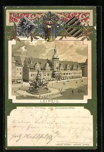Passepartout-Lithographie Leipzig, Altes Rathaus und Siegesdenkmal